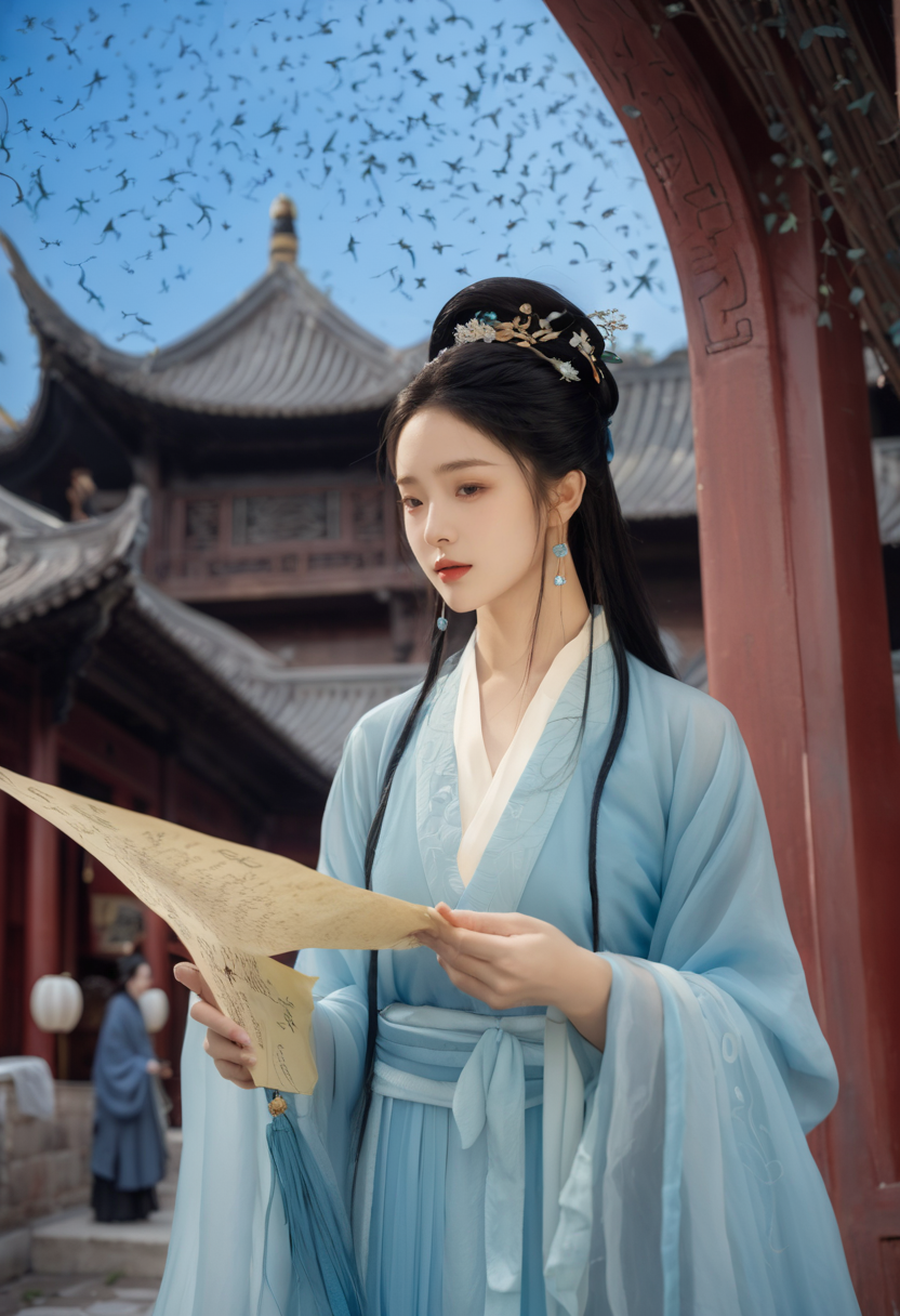 01889-1291539835-(blue_1.3)_In the courtyard of ancient Chinese architecture, holding a paper,(She engages in poetry exchanges in a study or a ga.png